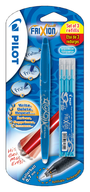 Rollerpen PILOT friXion medium lichtblauw blister à 1 stuk + 3 vull