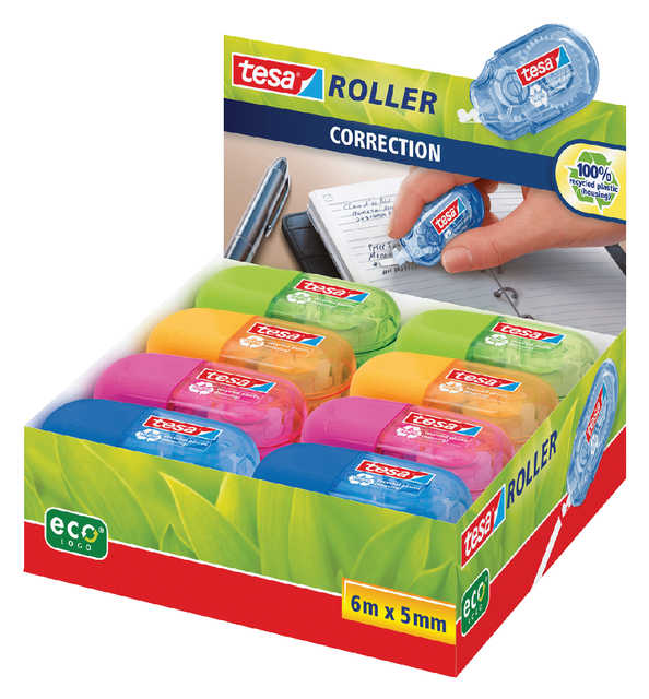 Correctietape tesa® ecoLogo® mini 5mmx6m doos à 16 stuks assorti