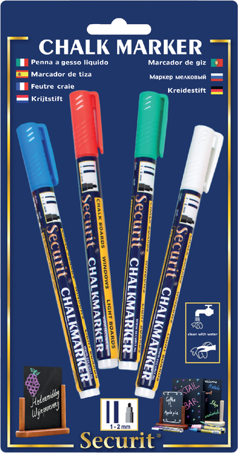 Feutre-craie Securit SMA-100 ogive assorti 1-2mm blanc/bleu/vert/rouge blister 4 pièces