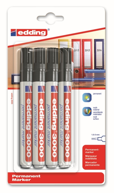 Viltstift edding 3000 rond 1.5-3mm zwart blister à 4 stuks