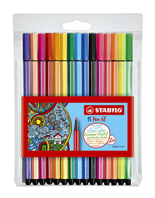 Feutre STABILO Pen 68/15 Medium étui 10+5 couleurs néon