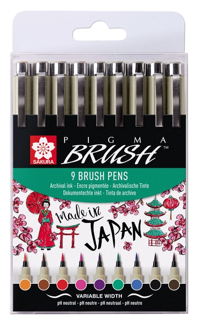 Viltift met brushpen Bruynzeel Sakura Pigma etui à 9 kleuren