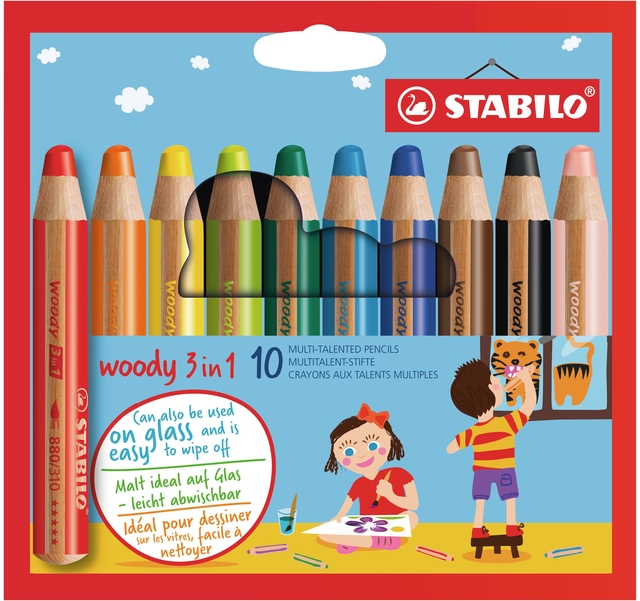 Crayons de couleur STABILO 880 Woody 3-en-1 assorti étui 10 pièces