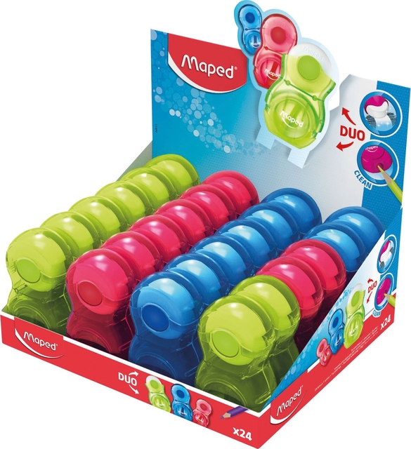 Taille-crayon Maped Loopy avec gomme 1 trou présentoir 24 pièces assorti