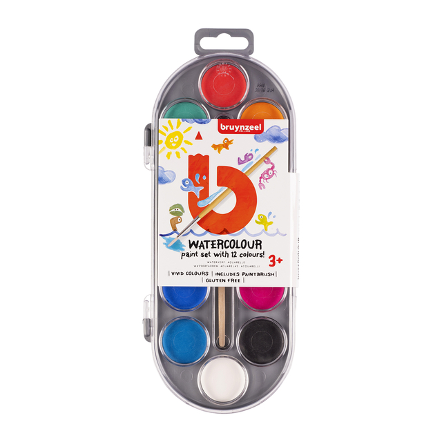 Peinture à l'eau Bruynzeel Kids avec pinceau set 12 pastilles assorti