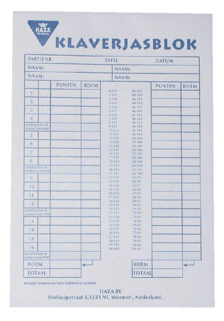 Bloc de score Klaverjas 50 feuilles