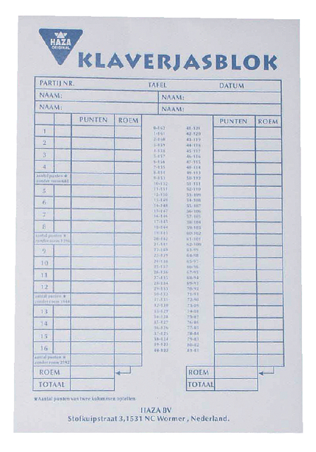 Scoreblok Klaverjas 50 vel