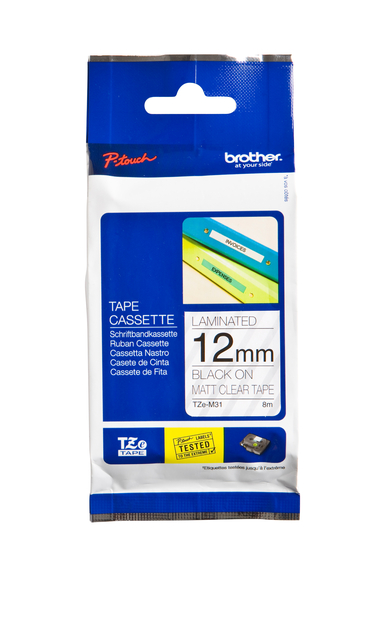 Ruban de lettrage Brother P-Touch TZe-M31 mat 12mm noir sur transparent