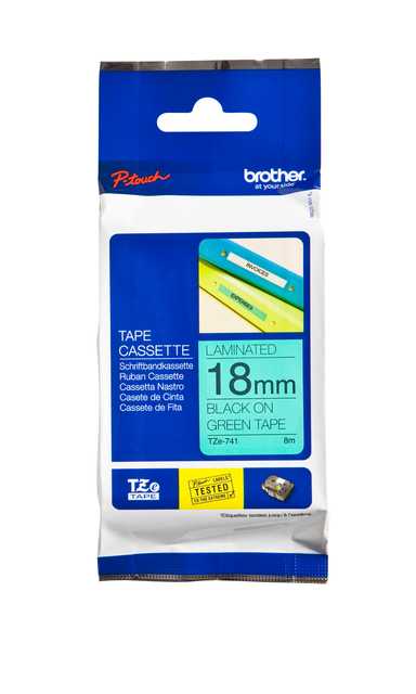 Ruban de lettrage Brother P-Touch TZe-741 standard 18mm noir sur vert
