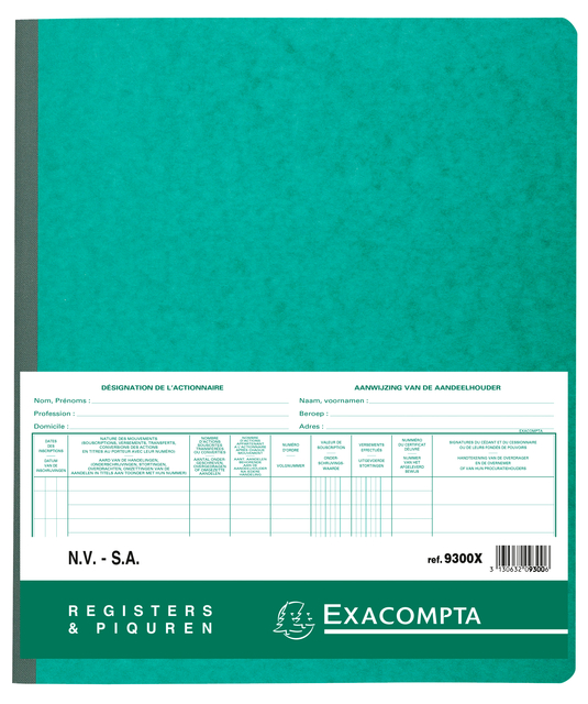 Registre Piqûre actionnaires NV/SA 250x320mm 80 feuilles vert