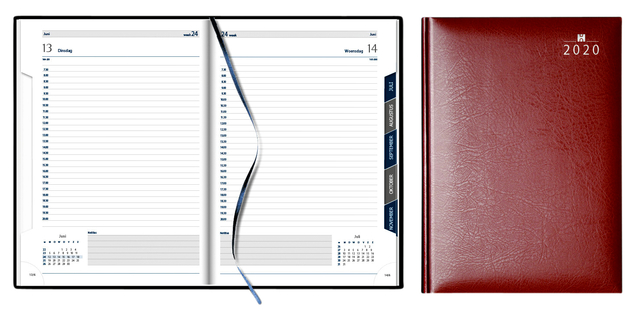 Agenda A5, dag per pag, met maandtabs, bordeaux