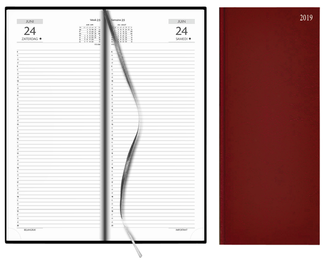 Agenda long, 1 day on 2 pages, bordeaux