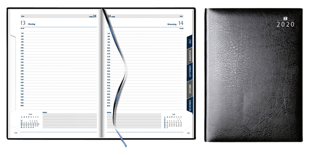 Agenda A5, dag per pag, met maandtabs, zwart