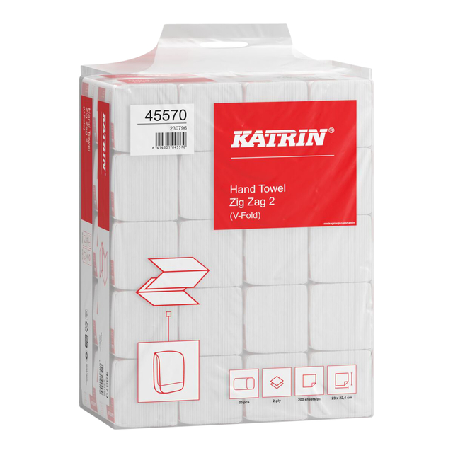 Essuie-mains Katrin 45570 pli-Z  2 épaisseurs 224x230mm blanc 20x 200 feuilles