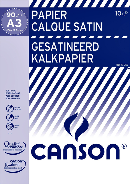 Papier calque Canson satin  A3 90g translucide 10 feuilles