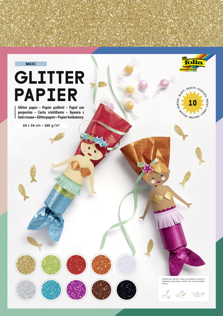 Glitterpapier Folia 1-zijdig 24x34cm 170gr 10 vel assorti