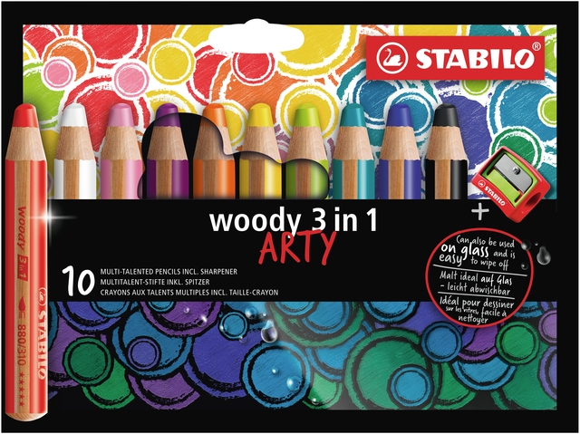 Crayon de couleur STABILO Woody 880 3-en-1 Arty + taille-crayon assorti 10 pièces