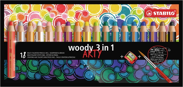 Crayon de couleur STABILO Woody 880 3-en-1 Arty + taille-crayon + pinceau assorti 18 pièces
