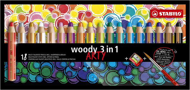 Crayon de couleur STABILO Woody 880 3-en-1 Arty + taille-crayon + pinceau assorti 18 pièces