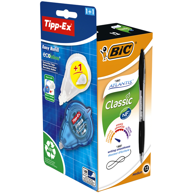 Stylo bille BIC Atlantis + Tipp-ex Easy gratuit Medium noir boîte 12 pièces