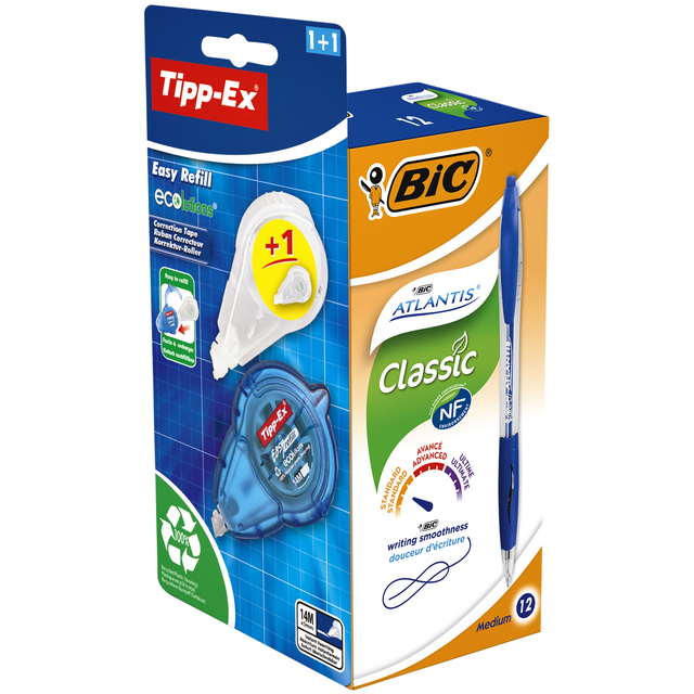Stylo bille BIC Atlantis + Tipp-ex Easy gratuit Medium bleu boîte 12 pièces