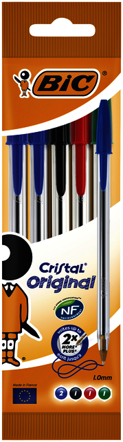 Balpen Bic Cristal medium assorti blister à 5 stuks