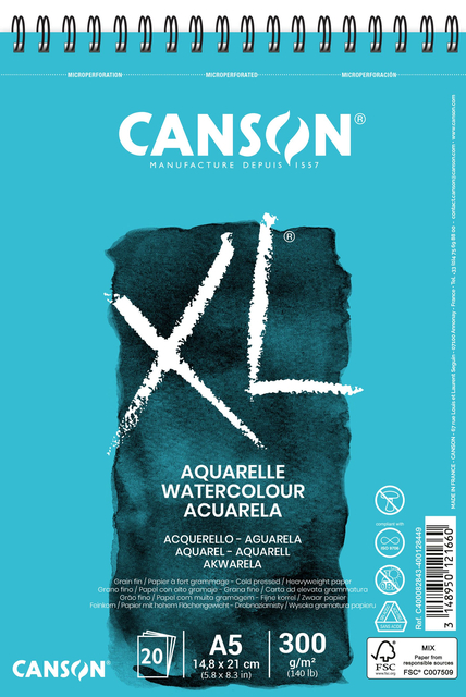 Bloc aquarelle Canson XL A5 20 feuilles 300g spirale blanc