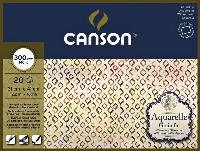 Bloc Aquarelle Canson 31x41cm 20 feuilles 300g Fin collé