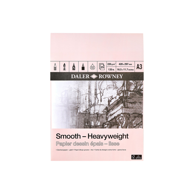 Papier dessin Daler Rowney épais lisse 220g A3 25 feuilles blanc