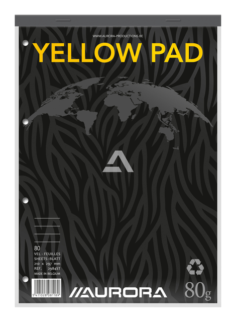 Bloc-notes Aurora Yellow Pad A4 ligné 4 perf 160 pages 80g jaune