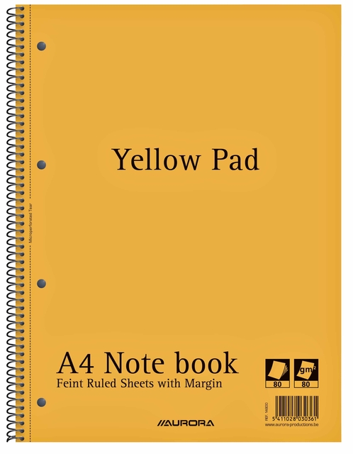 Bloc spirale Aurora Yellow Pad A4 ligné 4 perf 160 pages 80g jaune