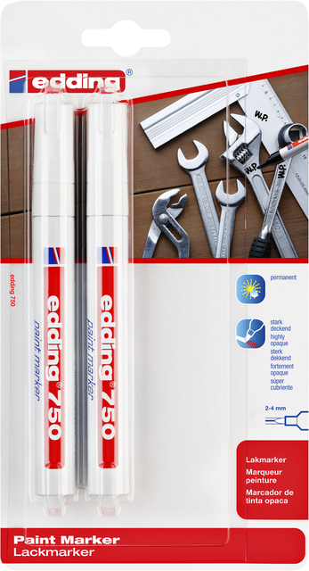 Paintmarker edding 750 op oliebasis 2-4mm wit blister à 2 stuks