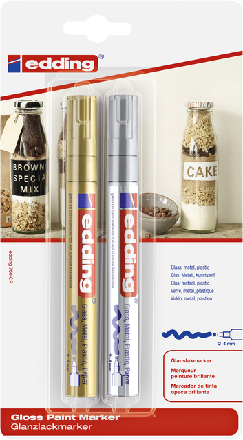 Paintmarker edding 750 op oliebasis 2-4mm goud en zilver blister à 2st