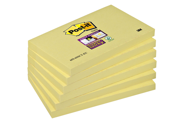 Bloc-mémos Post-it 655 Super Sticky 76x127mm jaune 6 pièces