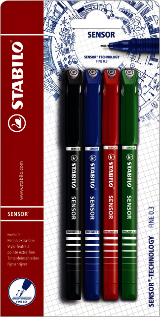 Fineliner STABILO Sensor 14900 fijn assorti blister à 4 stuks
