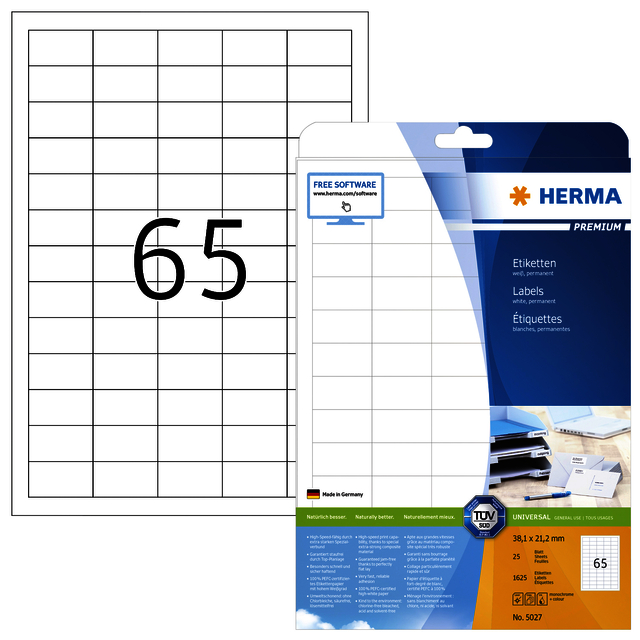 Etiquette HERMA 5027 Premium A4 38,1x21,2mm blanc 1625 pièces