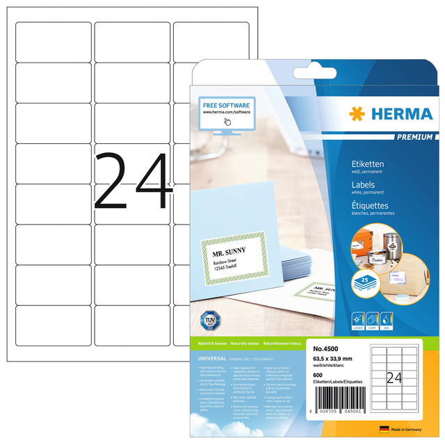 Etiket HERMA 4500 A4 63.5x33.9mm premium wit 600 stuks