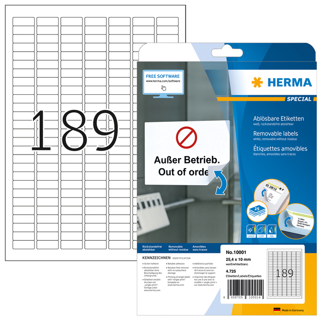 Etiquette amovible HERMA 10001 A4 25,4x10mm  blanc 4725 étiquettes