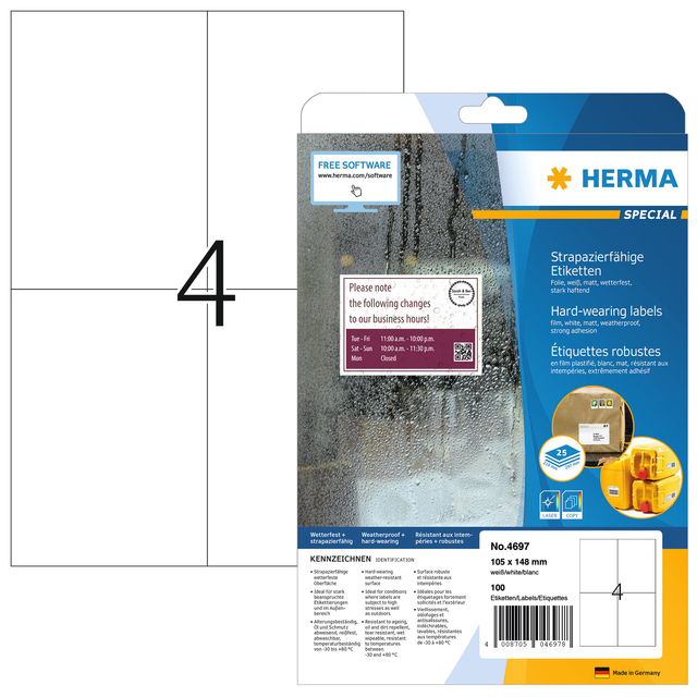 Etiquette HERMA 4697 105x148mm A4 résiste aux intempéries blanc