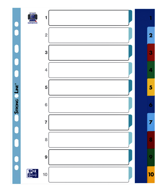 Intercalaire Oxford A4+ 11 perforations 1-10 PP couleur