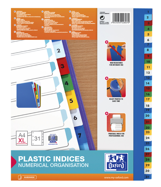 Intercalaire Oxford A4+ 11 perforations 1-31 PP couleur