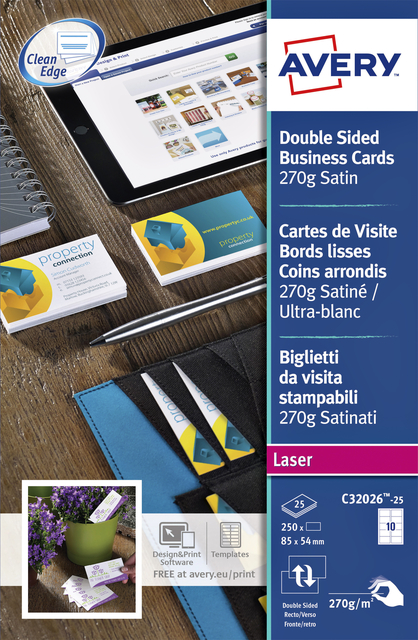 Carte de visite Avery C32026-10 recto verso 85x54mm 270g 100 pièces