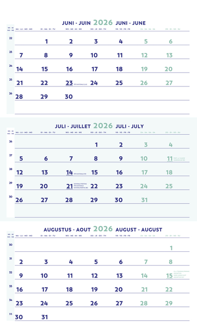Calendrier 3 mois 2026 Brepols 30x60cm