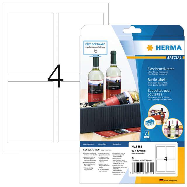 Etiket HERMA flessen 8882 90x120mm A4 glossy wit 40 stuks