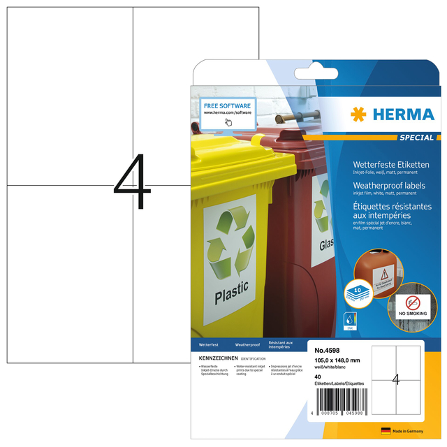 Etiquette HERMA 4598 105x148mm A4 film blanc 40 pièces