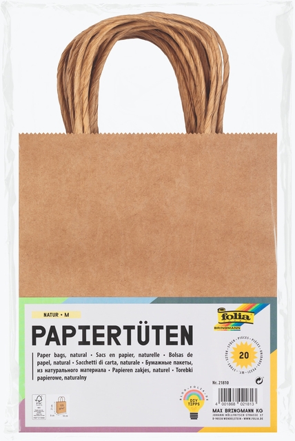 Tas met handvat Folia kraftpapier 125gr 18x21x8cm 20 stuks naturel