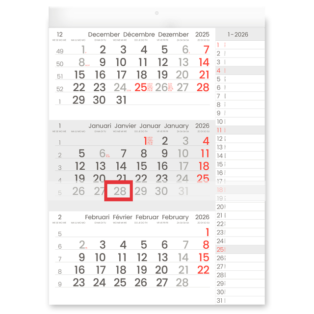 Calendrier trimestriel 2026 Manager format compact Notes