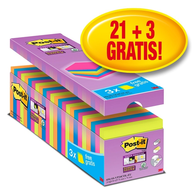 Bloc-mémos Post-it 654 Super Sticky 76x76mm 21+3 gratuits assorti