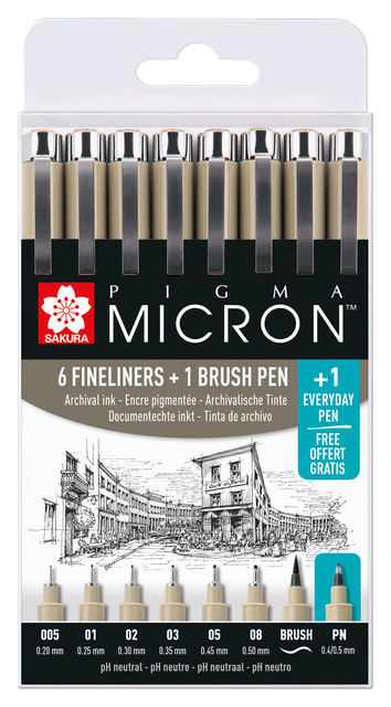 Fineliner Sakura Pigma Micron 6 schrijfbreedtes, brushpen en PN zwart
