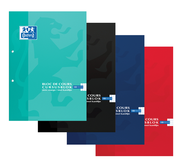 Cursusblok Oxford School A4 ruit 5x5mm 2-gaats 200 pagina's 80gr assorti